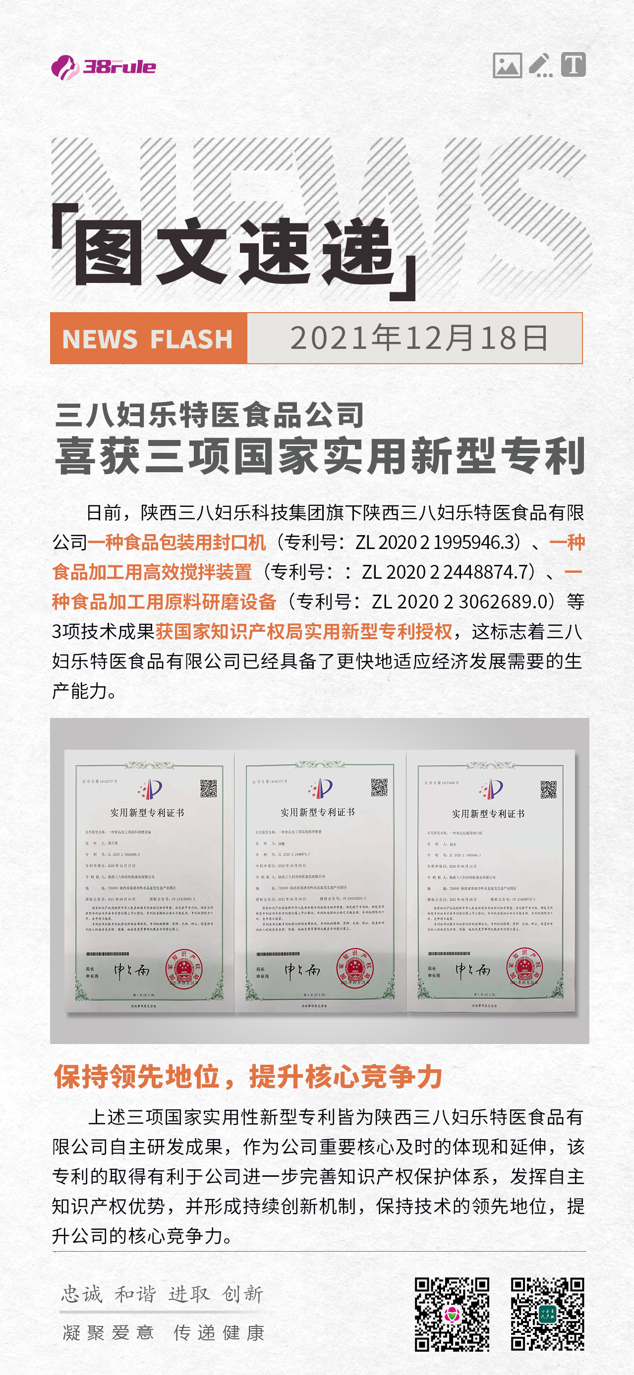 三八婦樂特醫食品公司喜獲三項國家實用新型專利